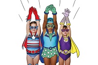 Children in swimming costumes with cartoon superhero outfits added on