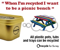 Graphic showing plastic margarine tub to be recycled into picnic bench
