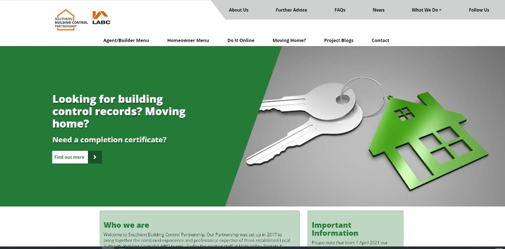 A screenshot of the Southern Building Control Partnership's updated website homepage