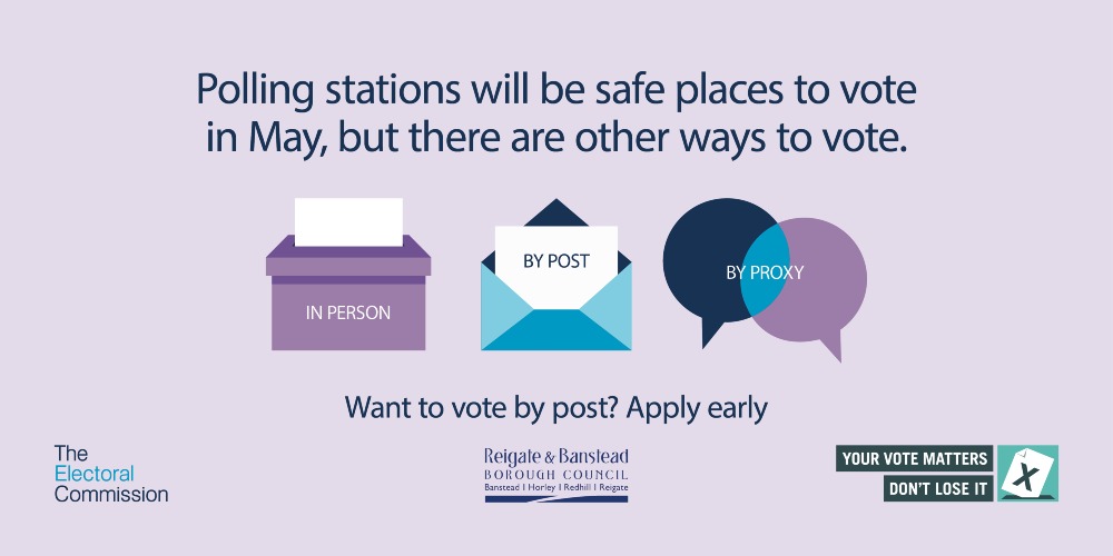 Graphic illustrating the ways to vote in the elections: in person, by post or by proxy.