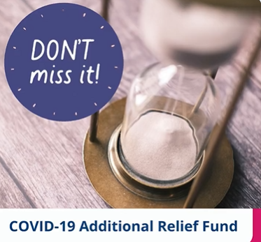 Covid additional relief fund graphic egg timer with text don't miss it.