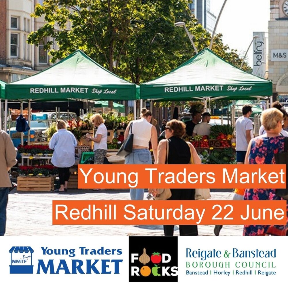 Young Traders Market graphic featuring logos and a market stall with green gazebo