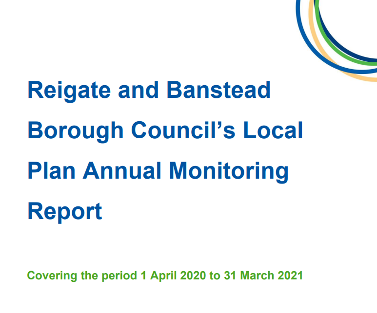 This is a picture of the front cover of the report in blue Reigate & Banstead Borough Councils Local plan Annual monitoring report.