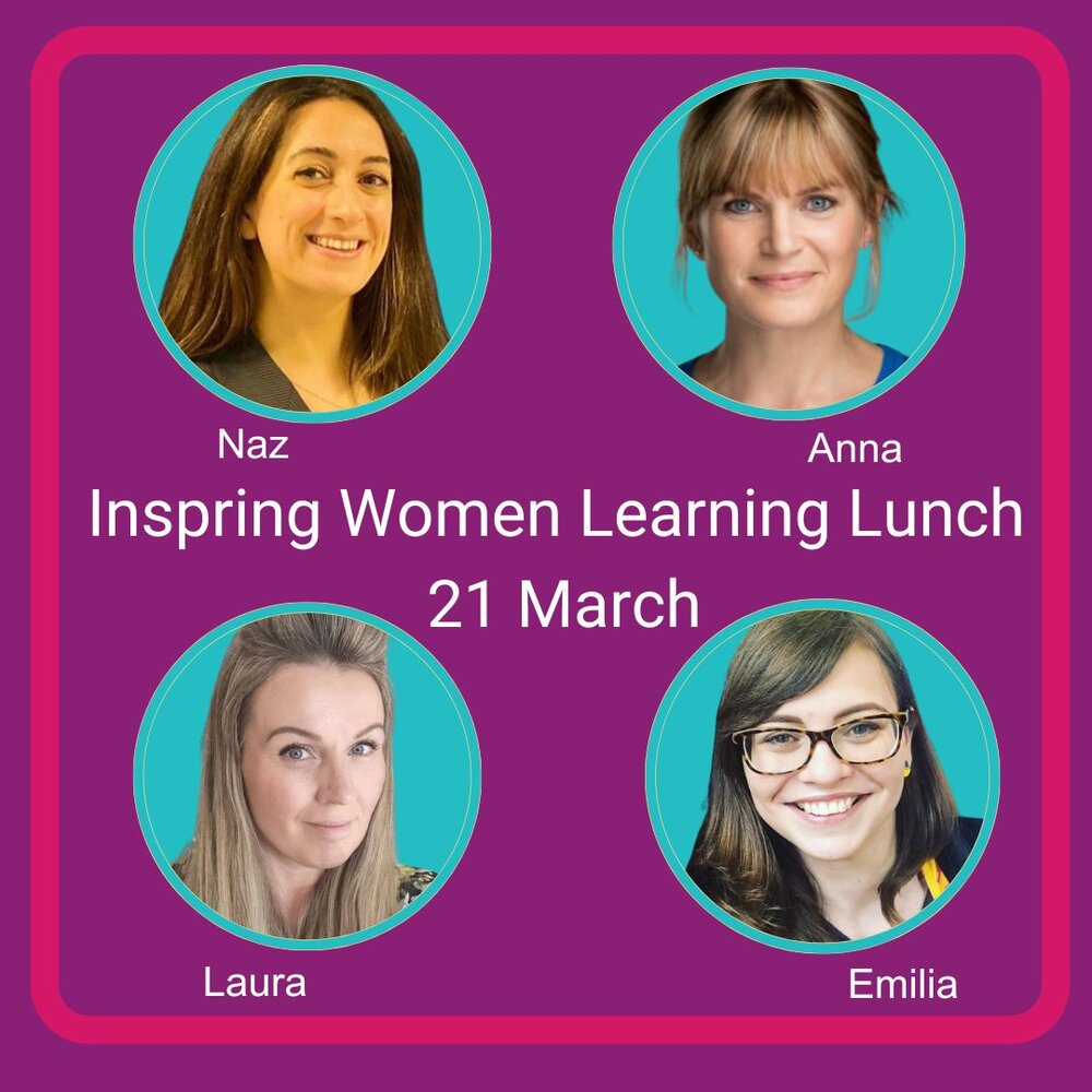 Graphic with four photos of women, multi coloured for a Learning Lunch event