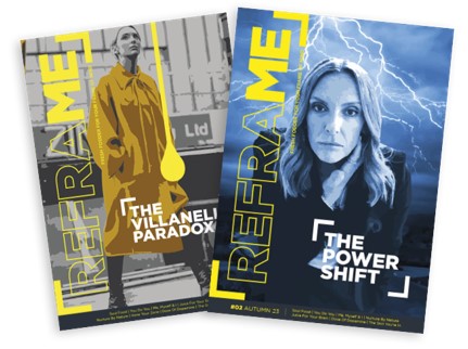 Picture showing two magazine covers one with a woman in a yellow coat one with the face of a woman with mid length hair.