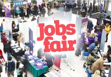 Picture of and exhibition with the text jobs fair