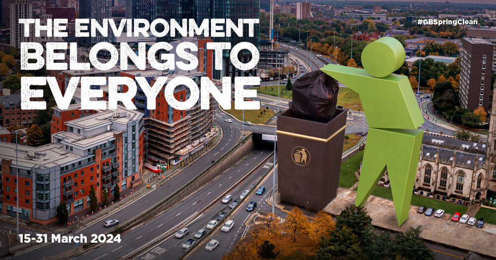 Image of an urban area with a large Keep Britain Tidy logo of a man putting a bag of rubbish in the bin.