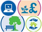 Graphic showing homes, tree, computer and money icons 
