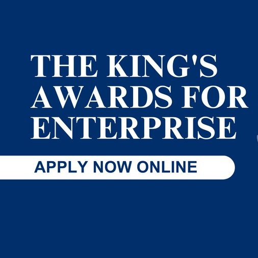 Blue Graphic with white writing, the Kings Award for Enterprise apply now online with crown and e with a wing