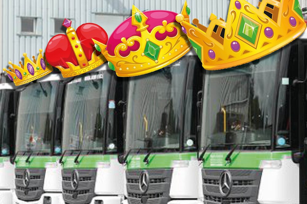bin lorries wearing crowns