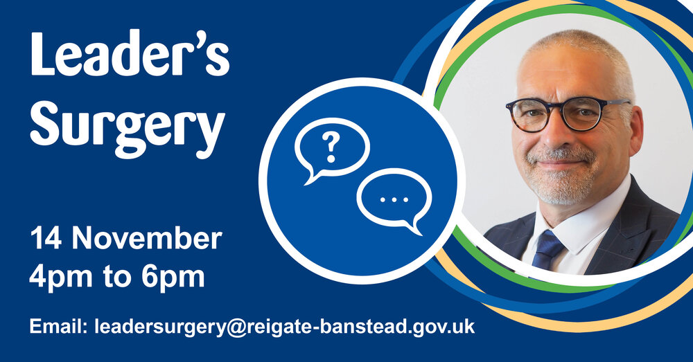 A graphic advertising the next Leader's surgery on 14 November 2023 from 4pm to 6pm