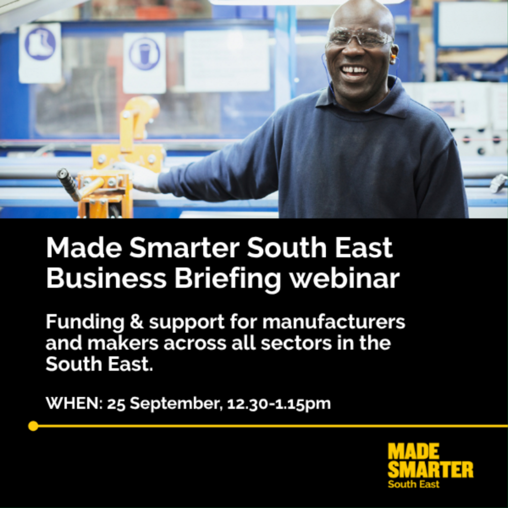 photo of man wearing safety googles. Black background with white writing reading made smarter south east business briefing webinar. 