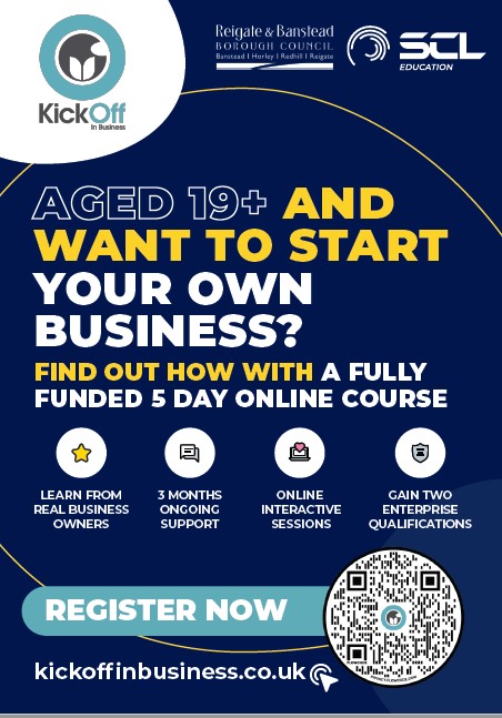 Blue flier for funded 5 day online business course. Has QR code