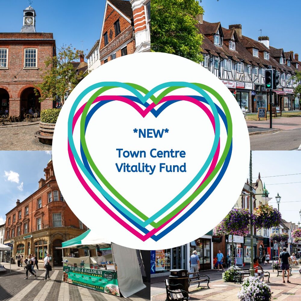 Photos of four town centres (Reigate, Redhill, Horley, Banstead) and a multi colour heart outline with New town centre vitality fund wording