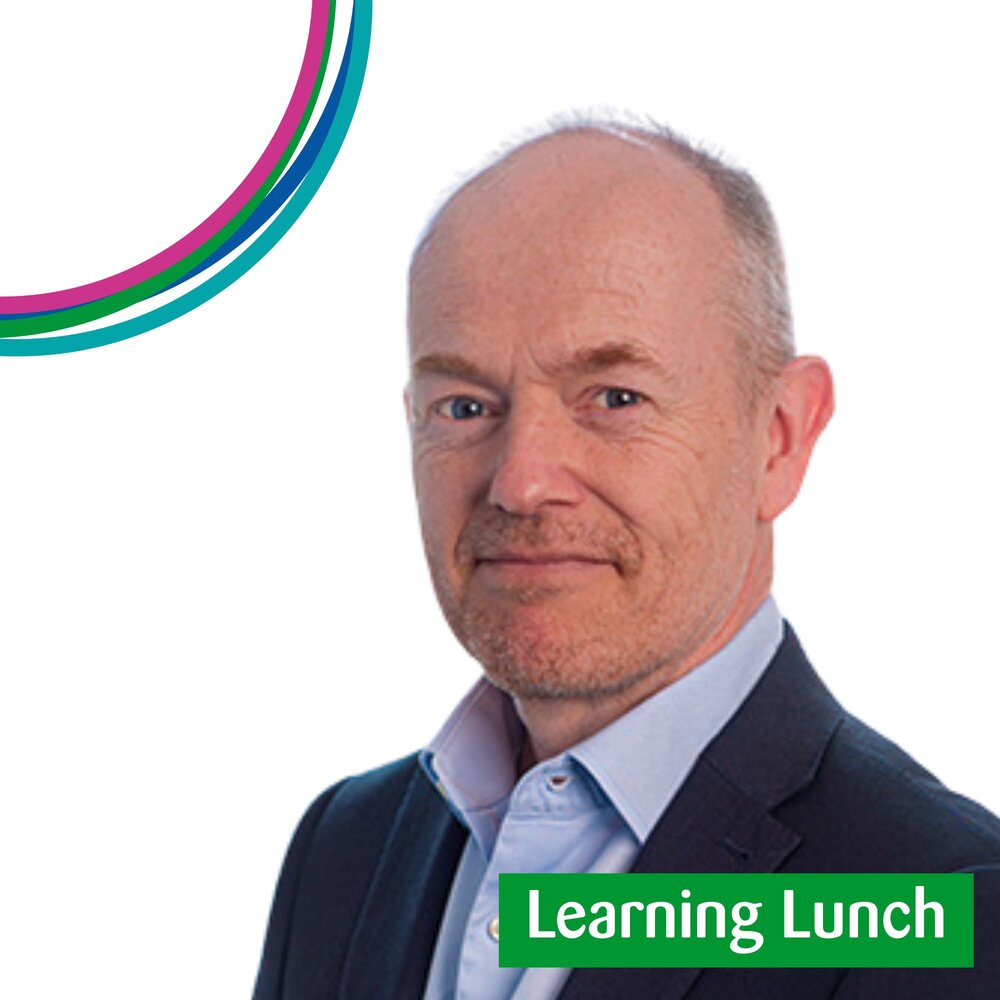 Promotional graphic with text “Learning Lunch” in green on a white background with colourful circular design elements.