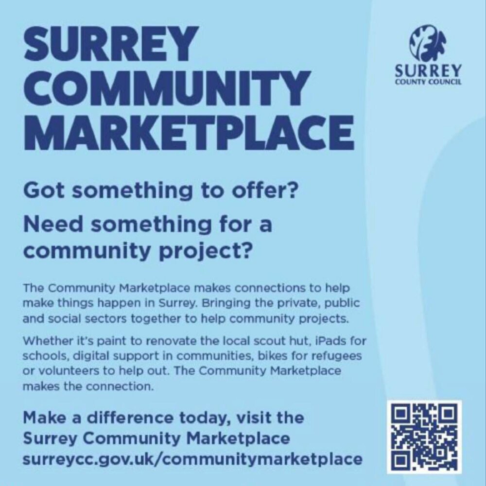 Poster promoting the Surrey Community Marketplace. The headline reads “Surrey Community Marketplace” with the Surrey County Council logo at the top right. Main text asks: “Got something to offer? Need something for a community project?” followed by a description explaining that the platform connects public, private, and voluntary sectors to share resources and support community projects. 
