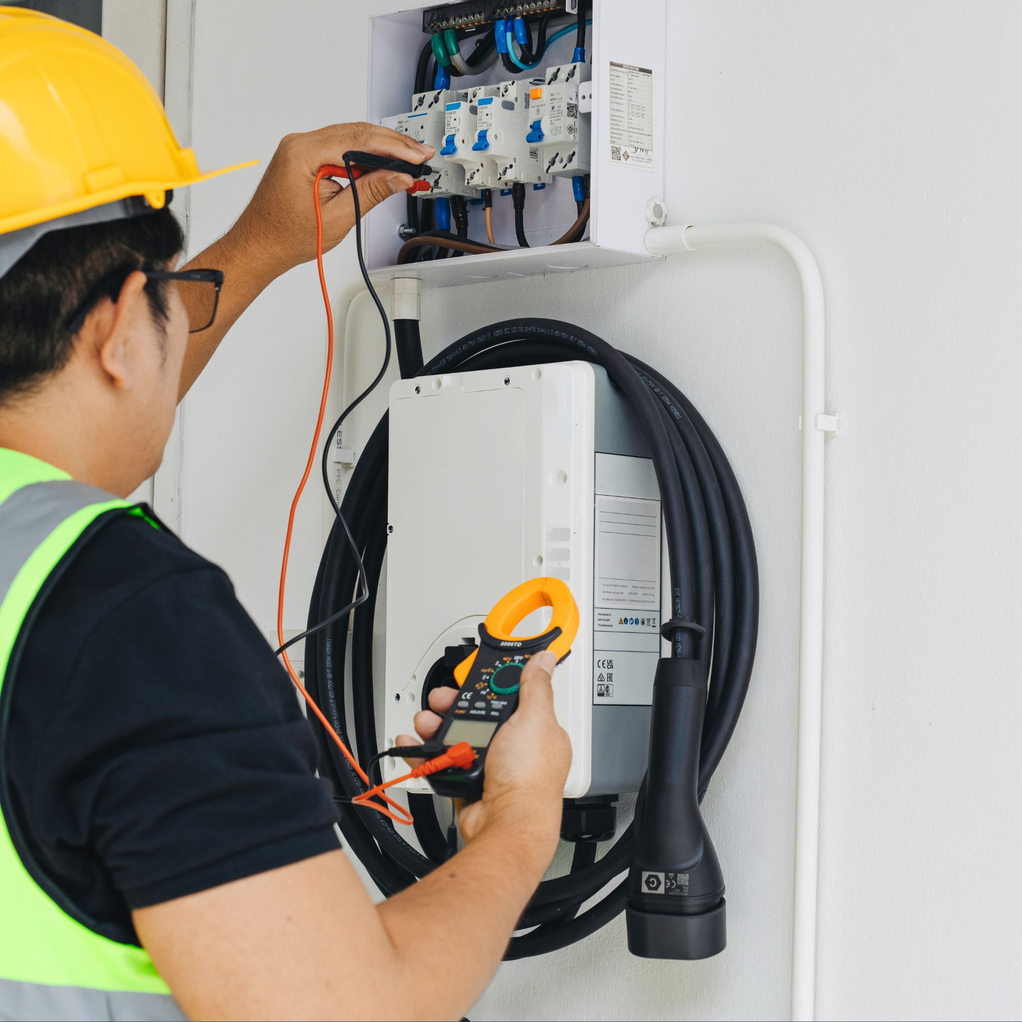 Close-up of a technician testing an electric vehicle charging unit mounted on a wall. The technician is using a digital multimeter to check electrical connections inside an open distribution box, while a coiled charging cable hangs beside the charger. The image illustrates installation and maintenance of EV charging infrastructure.