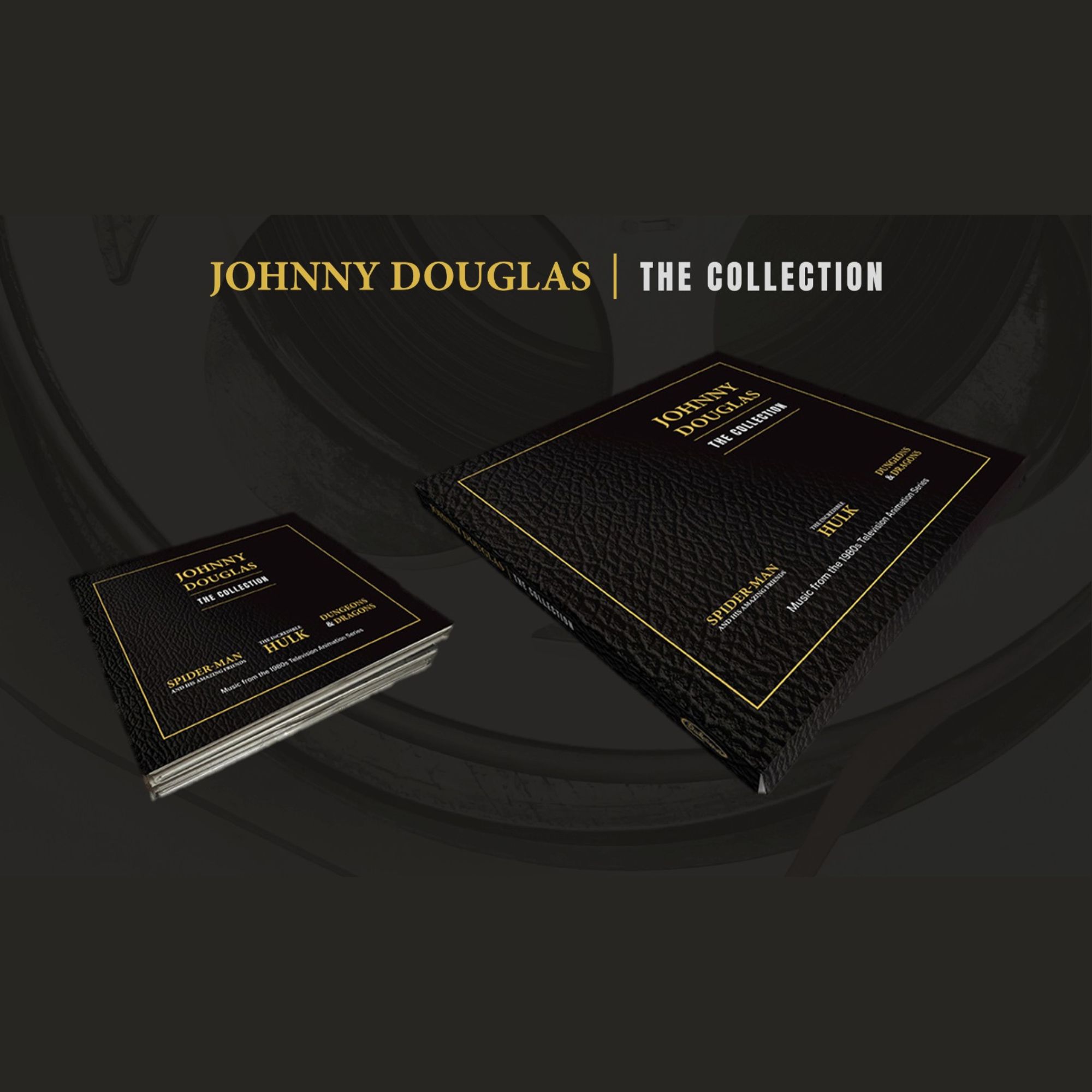 Promotional graphic showing two copies of a black, textured box set titled ‘Johnny Douglas: The Collection,’ with gold lettering on the covers. The items are displayed against a dark background featuring the text ‘Johnny Douglas | The Collection’ at the top