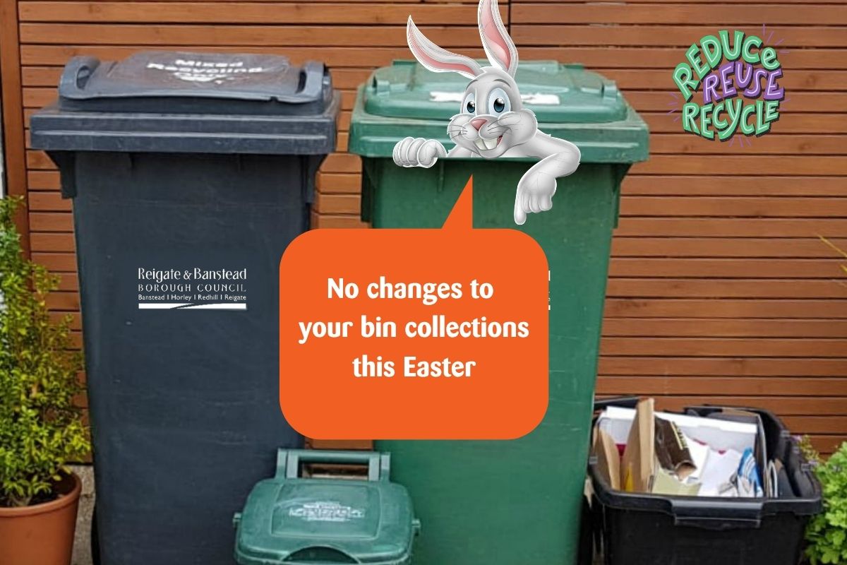 A bunny popping out of a wheelie bin says 'No changes to your bin collections this Easter'
