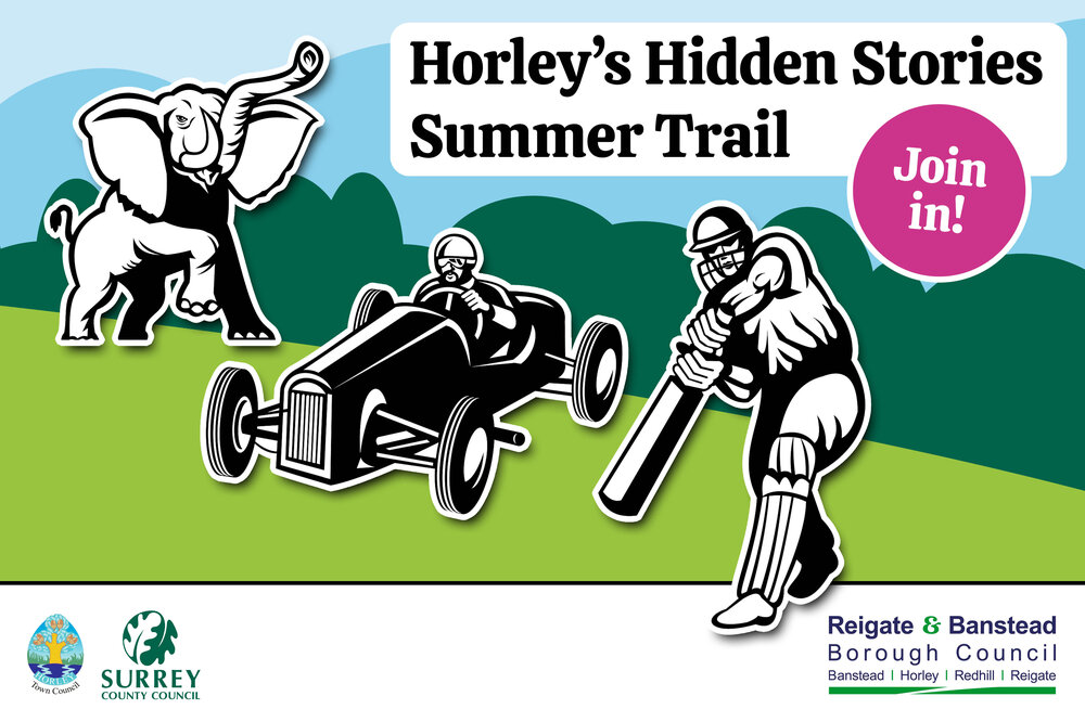 Horley's hidden stories summer trail graphic featuring an elephant, a cricketer and a racing car.
