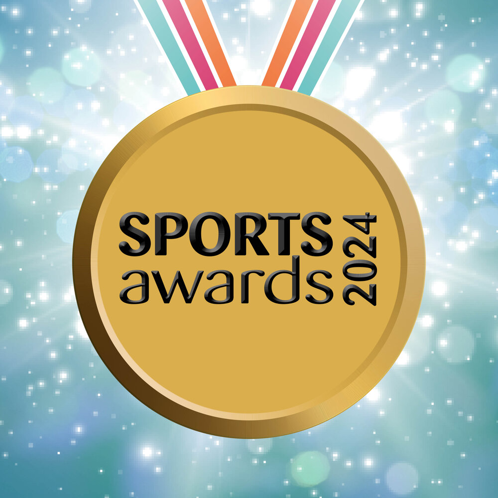 Picture of a gold medal with sparkly background and ribbon chain with wording Sports awards 2024
