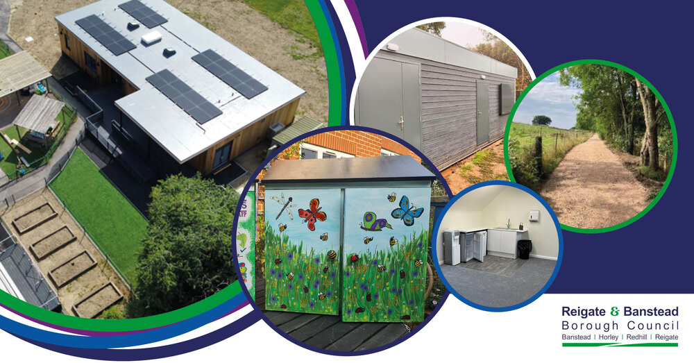 Graphic showing some of the completed projects funded by CIL including SEND classrooms at St Mathew's school, Little libraries, Heathcote Medical Centre improvements, the new Howard Close Pavilion, new paths in Reigate