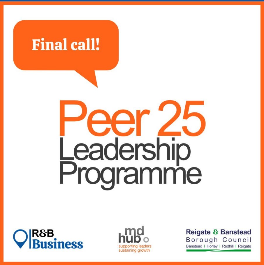 Graphic with final call for Peer 25 programme, orange and white with a RBBC logo and MD hub logo