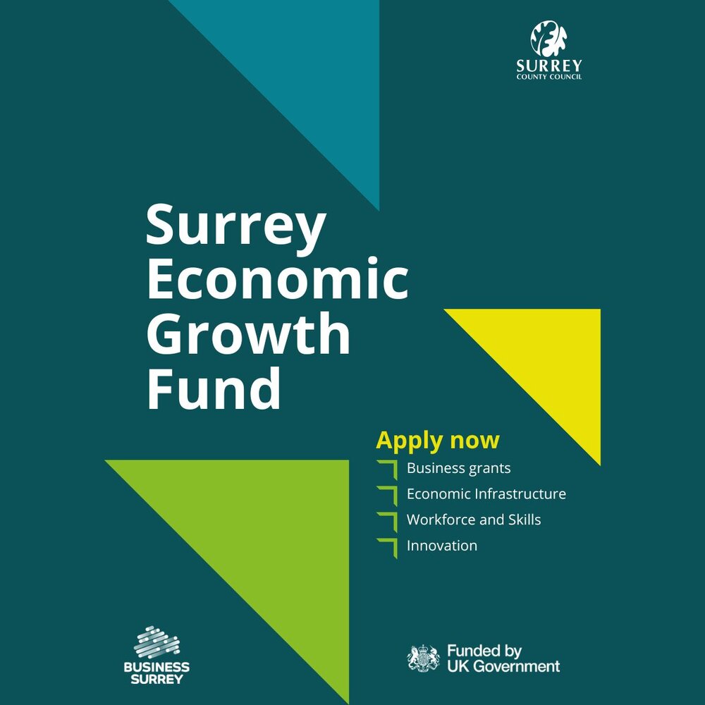 Graphic for Surrey Economic Growth Fund with text: Apply now for business grants, infrastructure, skills, and innovation.