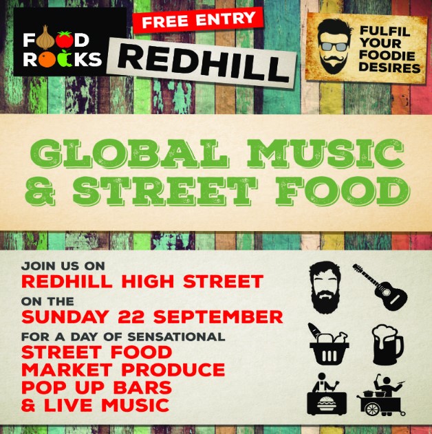 Flier for global music and street food event, colourful background with graphics