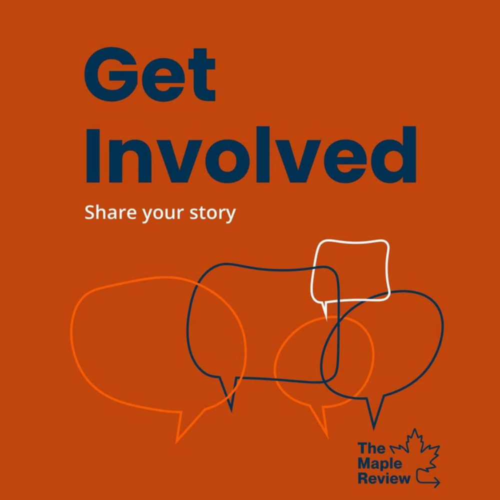 Lettering on orange background - get involved, share your story 