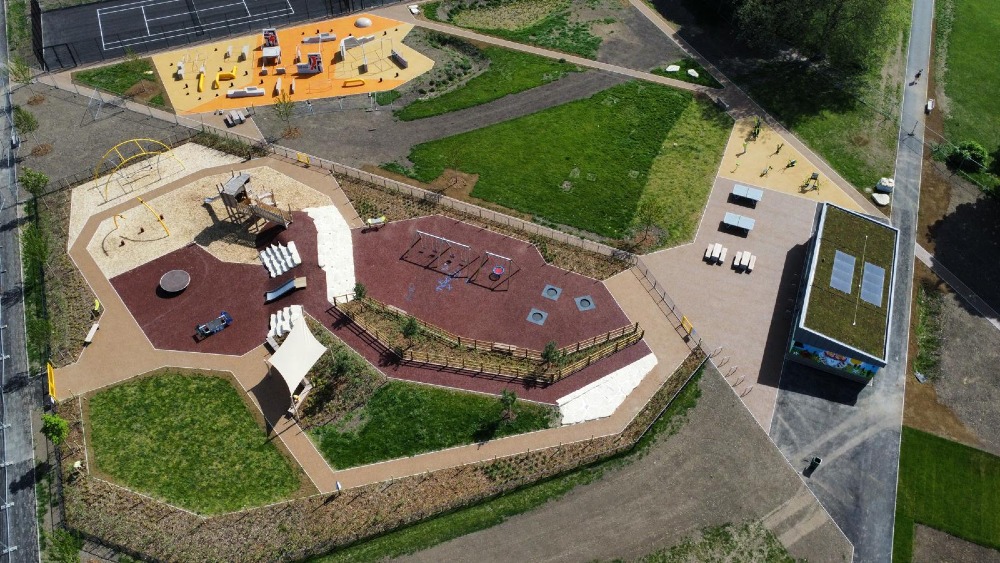 Arial view of the revamped rec showing playground, pavilion, parkour, gym, muga and outdoor gym