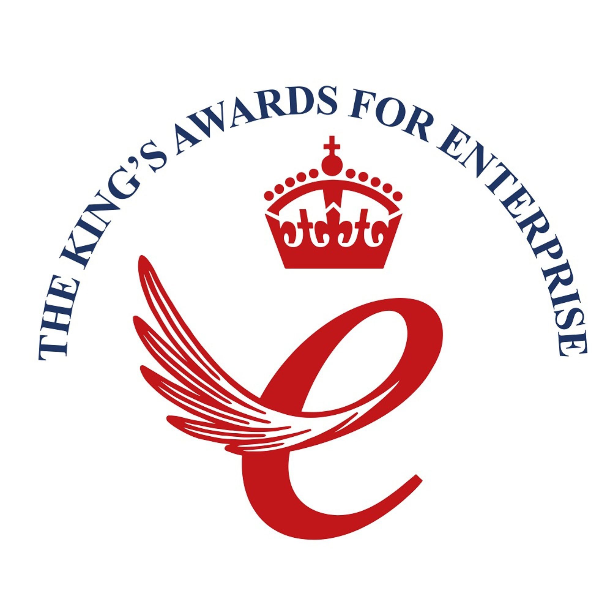 Logo for “The King’s Awards for Enterprise,” featuring curved blue text above a stylised red crown and a red flowing Q-shaped graphic resembling a wing or flourish.