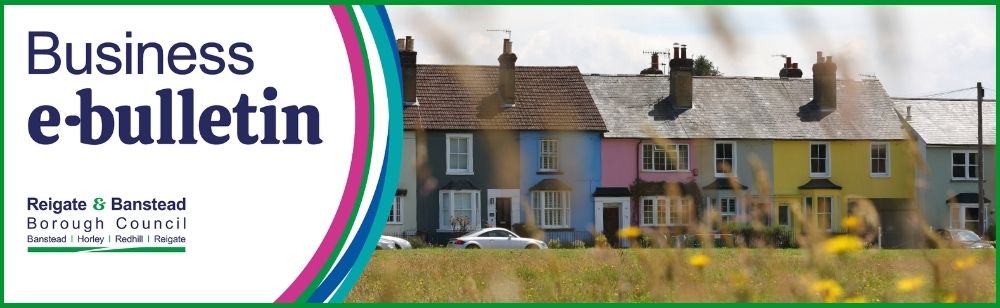 “Business e-bulletin banner from Reigate & Banstead Borough Council with a row of colourful terraced houses in the background.”