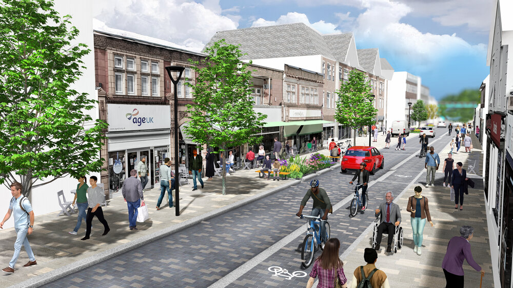 An artist impression of hoe the finished High Street will look, with new cycle lane and wider pavements