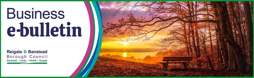 A banner showing “Business e-bulletin” and Reigate & Banstead Borough Council’s logo, alongside a tranquil autumn scene with a bench under a tree by a lake at sunset.