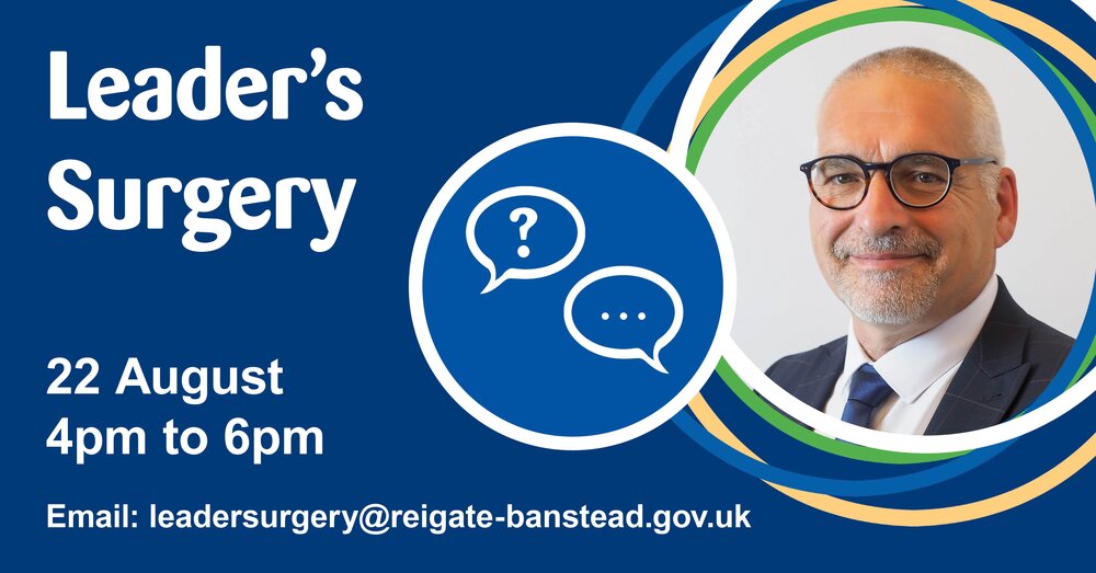 A graphic advertising the next Leader's surgery on 22 August 2023 from 4pm to 6pm