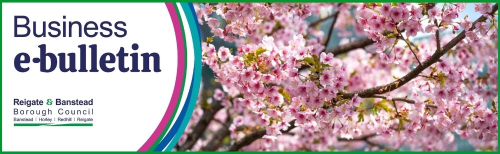 Banner image featuring the text ‘Business e-bulletin’ alongside the Reigate & Banstead Borough Council logo. On the right side, there is a photograph of pink cherry blossoms on tree branches against a soft background.