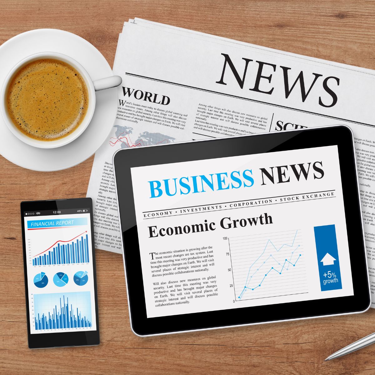 Flat‑lay image showing a cup of coffee, a printed newspaper, a tablet displaying a ‘Business News’ article about economic growth with a line chart, and a smartphone showing financial graphs and charts.