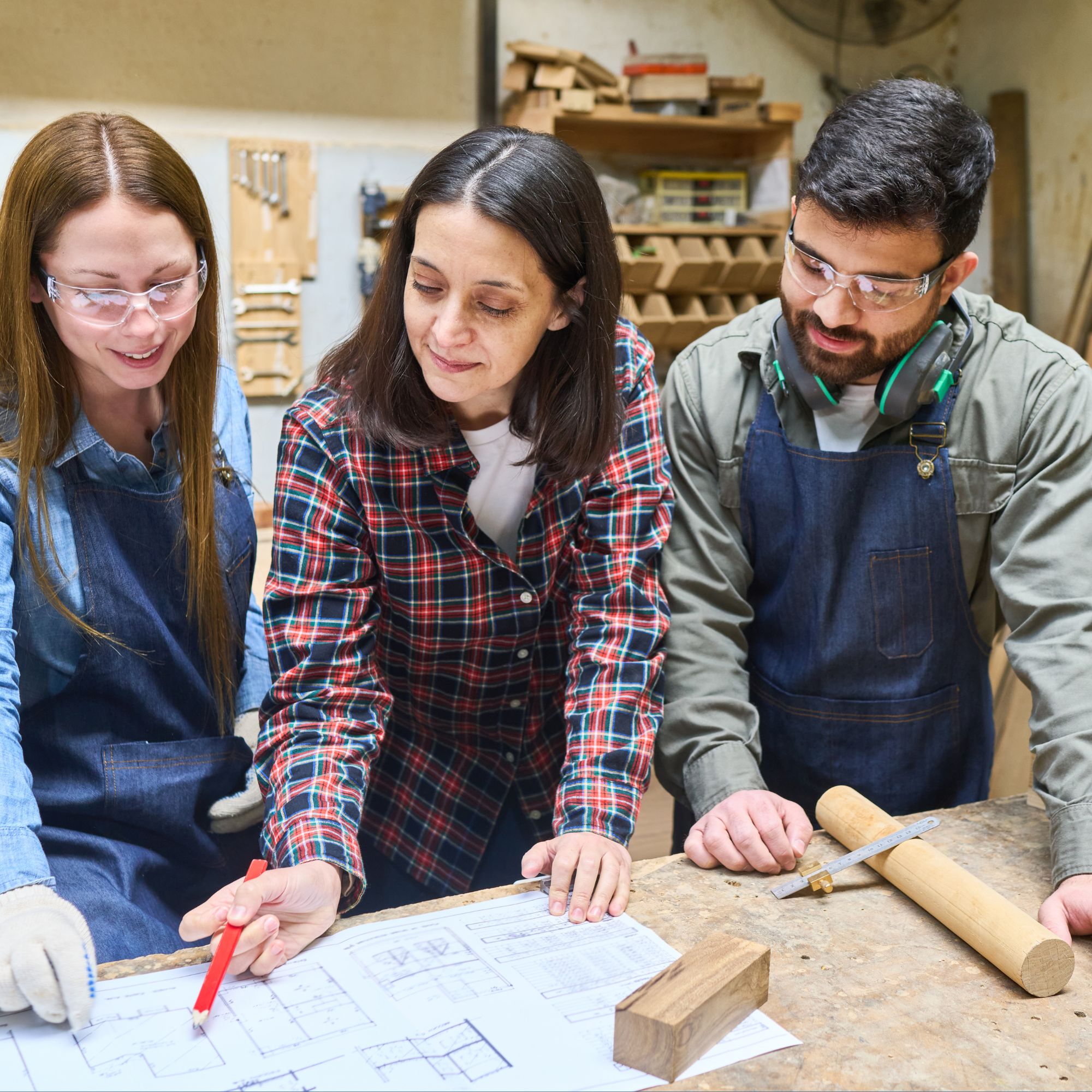 A group of three people standing around a workbench in a workshop, looking at architectural or technical drawings. One person in a checkered shirt is pointing at the plans with a red pencil, while the others, wearing aprons, stand on either side. Various tools and wooden materials are visible on the table and in the background.