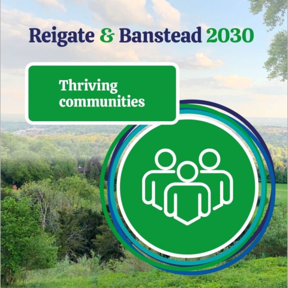 view of rural landscape with wording Reigate & Banstead 2023 and the words Thriving Communities