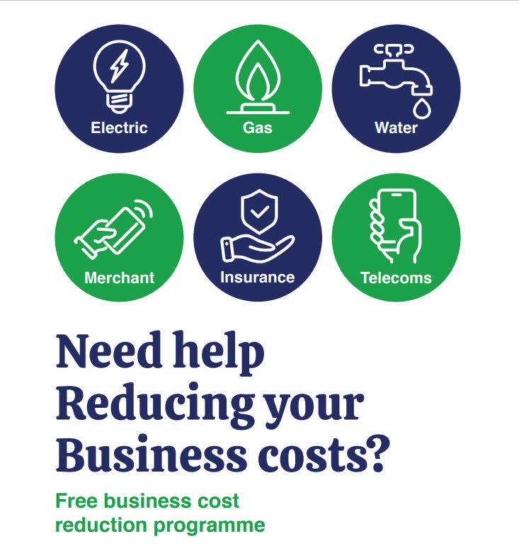 Graphic in blue and green highlighting business costs that can be saved