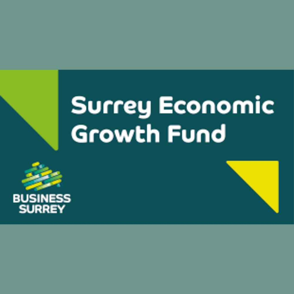 Surrey Economic Growth Fund written on teal background with yellow and lime green triangles and Business Surrey logo