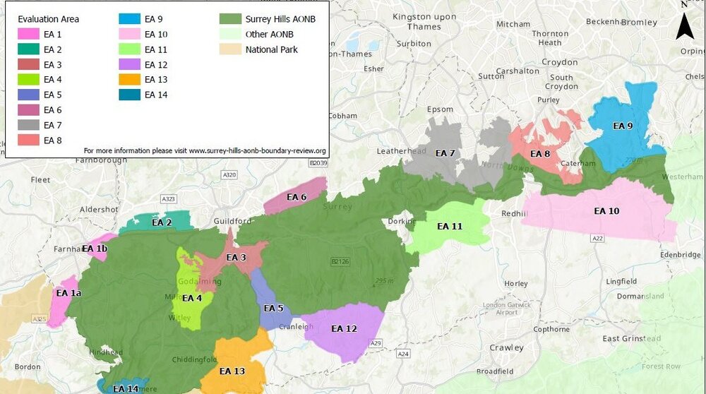 Surrey Hills AONB evaluation areas map