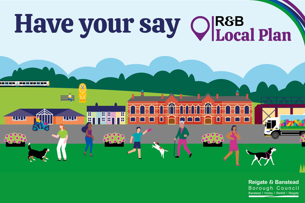 Graphic asking 'help shape our news local plan' with images of local buildings and landmarks, transport, greenspaces and people