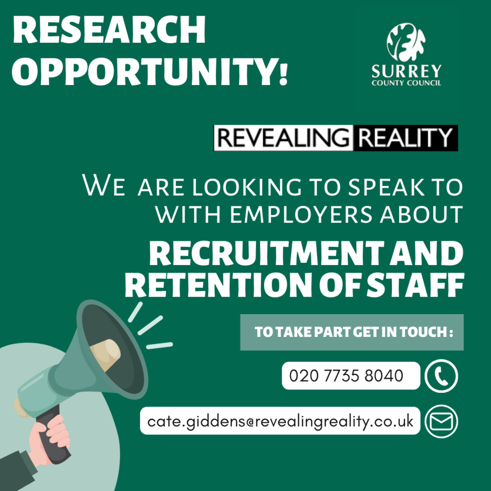 Green Graphic for research opportunity, including logos and megaphone 