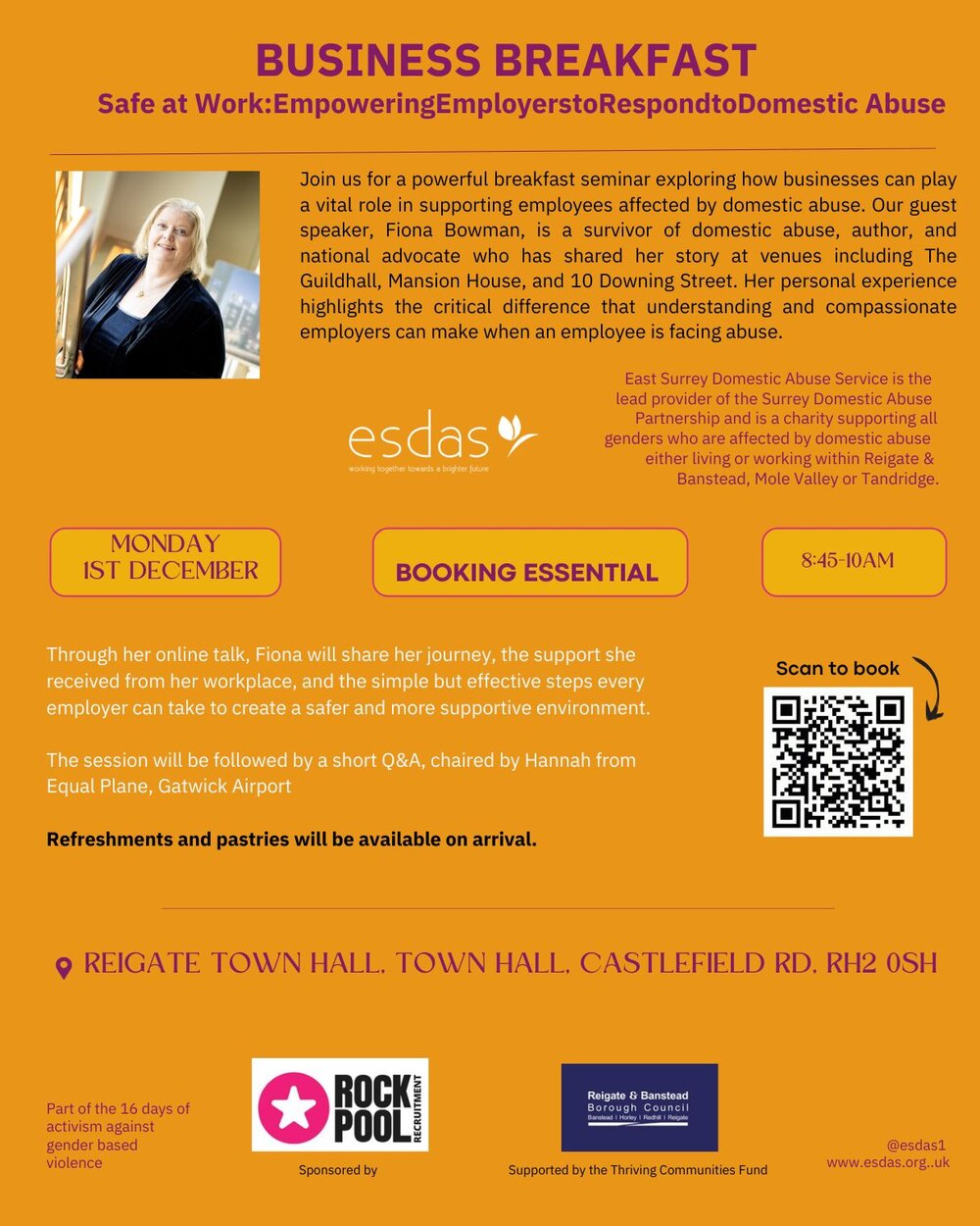 Poster for Business Breakfast event on Dec 1 about supporting employees facing domestic abuse, with booking details and QR code.