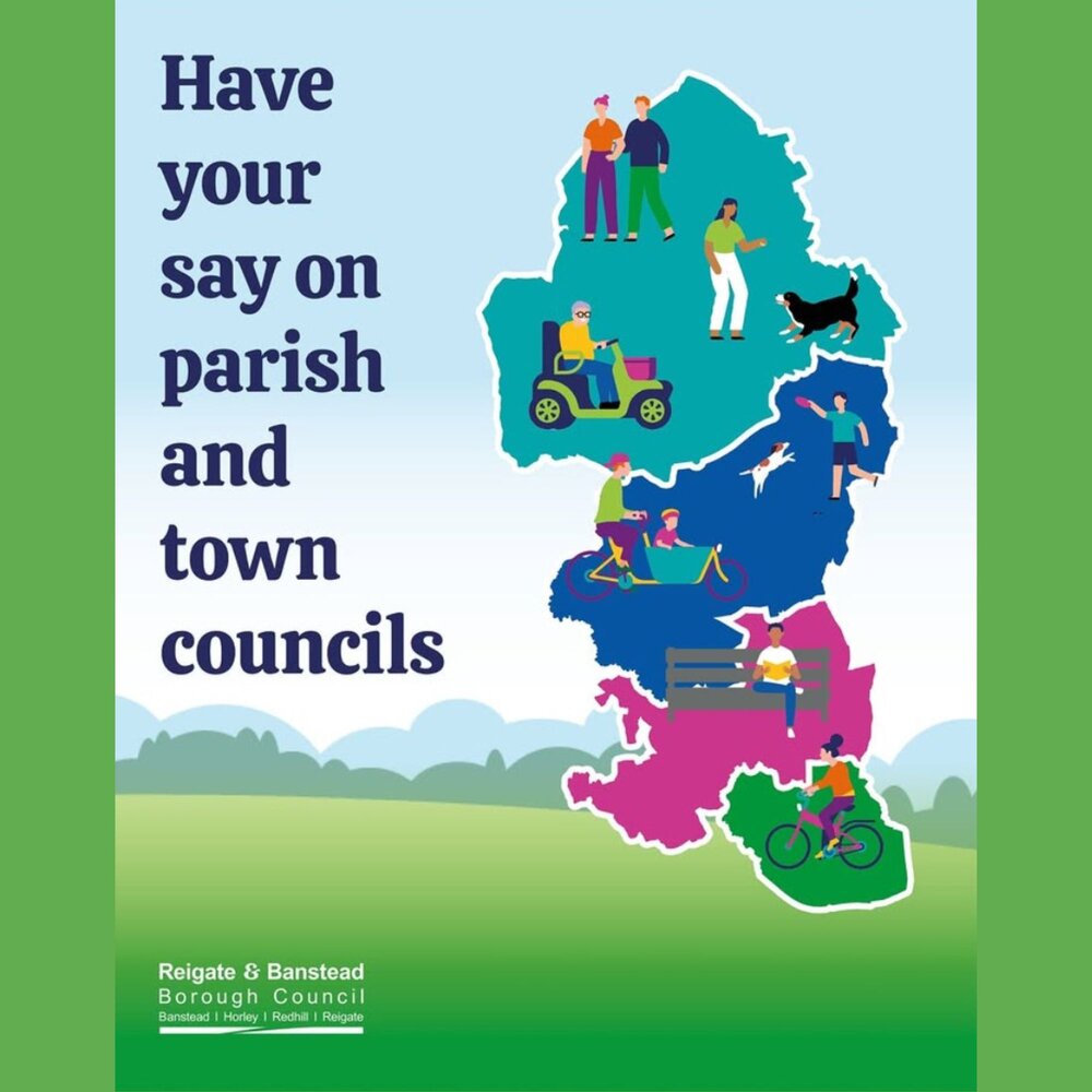 Illustrated map of Reigate & Banstead Borough with colorful sections showing people engaging in activities such as walking a dog, riding a bike, sitting on a bench, and driving a mobility scooter. Text reads: ‘Have your say on parish and town councils.’ Logo of Reigate & Banstead Borough Council appears at the bottom.