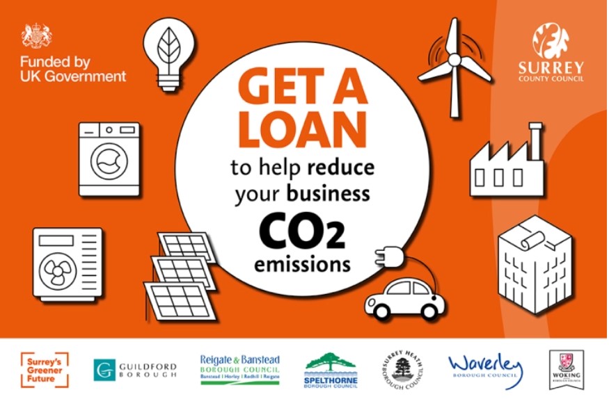 Orange graphic with text get a loan to help reduce your business C02 cartoon graphics of solar, wind, cars, lightbulbs etc