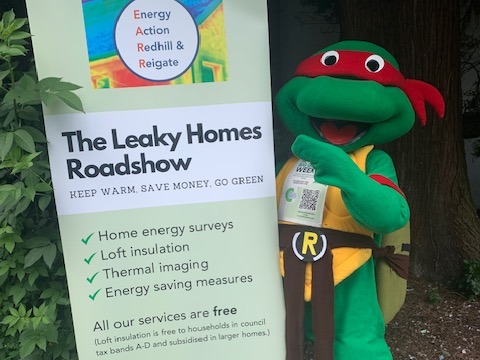 Ninja turtle with banner about Energy Action Redhill and Reigate
