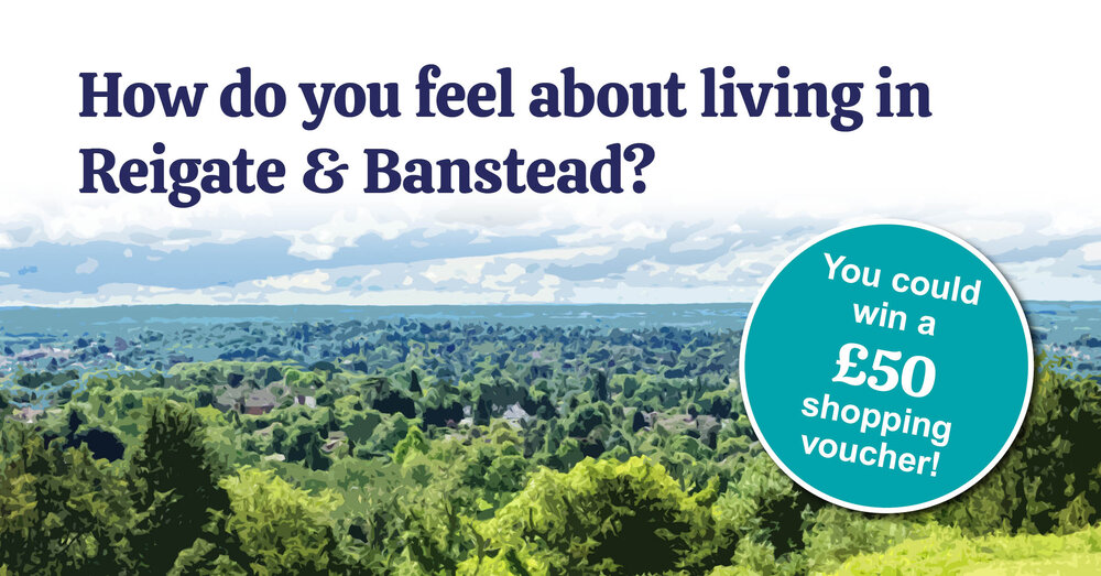 Image of the Reigate & Banstead landscape with text 'How do you feel about living in Reigate & Banstead?'